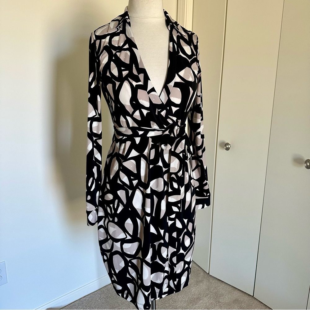 Black and White Patterned Calvin Klein Wrap Dress